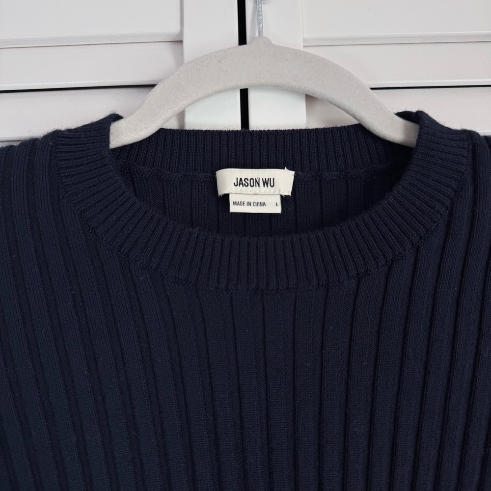 Jason Wu Ribbed Knit Wool Cropped Crew Neck Sweater Top Slim Fit Navy Size Large - Picture 5 of 9